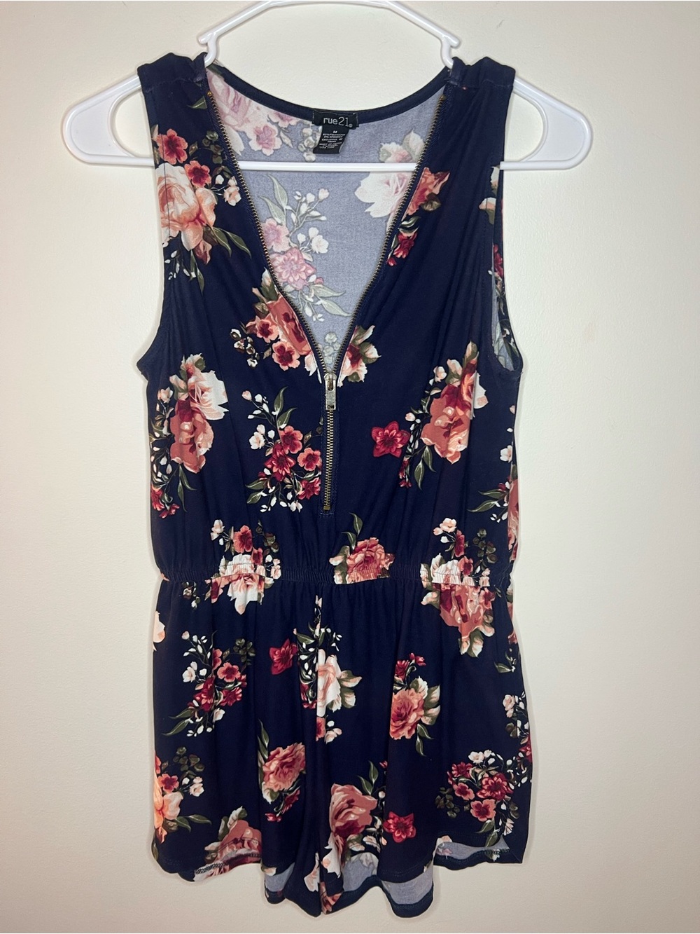 Rue21 Navy Floral Zip-Front Sleeveless Romper